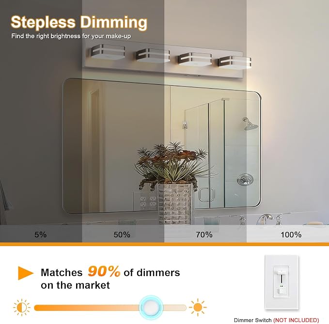 Modern Bathroom Vanity Light Fixture, 5CCT Dimmable LED Wall Sconce, Brushed Nickel Vanity Lights for Mirror, 4-Light Acrylic Bathroom Light Fixtures Over Sink, Indoor Restroom