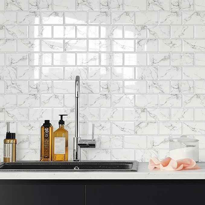 STICKGOO Subway Tile Peel and Stick Backsplash, Thicker Design 12" x 12" Stick on Backsplash Tiles for Kitchen, Bathroom, Wall Tile (10 Sheets, Grey Marble Look)