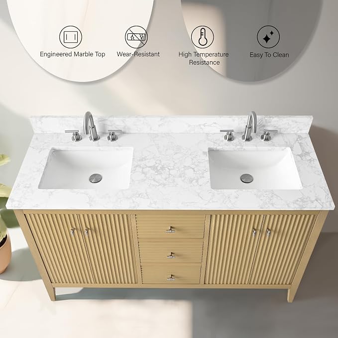 Vanity Art 60 inch Oak Bathroom Vanity with Double Sink & Ceramic Top, Vanity Cabinet with Soft-Closing Door, Solid Wood Frame, Linear Pattern, Natural Oak, VA9160-DNO-MB,Matte Black Handles