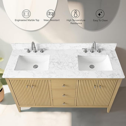 Vanity Art 60 inch Oak Bathroom Vanity with Double Sink & Ceramic Top, Vanity Cabinet with Soft-Closing Door, Solid Wood Frame, Linear Pattern, Natural Oak, VA9160-DNO-MB,Matte Black Handles