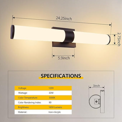 Kalium 24in Modern Wall Sconces, Dimmable Bathroom Vanity Lights, 3000K Warm White LED Indoor Sconces Lighting for Bathroom, Stairs, Living Room, Bedroom. Hardwired.