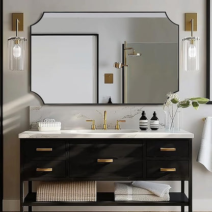 30x48 Inch Mirror, Matte Black Bathroom Vanity Mirror, Scalloped Rectangle Mirror in Premium Stainless Steel Metal Thin Frame Deep 1", Large Wall-Mounted Mirror (Horizontal/Vertical)