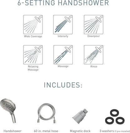 Moen Engage Spot Resist Brushed Nickel Six-Function 5.5-Inch Removable Handheld Showerhead with Magnetic Docking System, 26112SRN