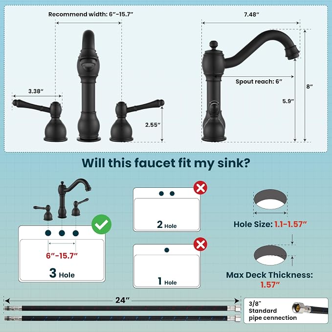 gotonovo Bathroom Sink Faucet 3 Hole 8 Inch Widespread, Matte Black | Bathroom Vanity Faucet Double Lever Handle Vintage Deck Mount, Pop Up Drain and cUPC Supply Lines, for Lavatory Farmhouse RV
