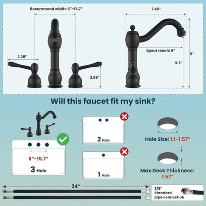 gotonovo Bathroom Sink Faucet 3 Hole 8 Inch Widespread, Matte Black | Bathroom Vanity Faucet Double Lever Handle Vintage Deck Mount, Pop Up Drain and cUPC Supply Lines, for Lavatory Farmhouse RV
