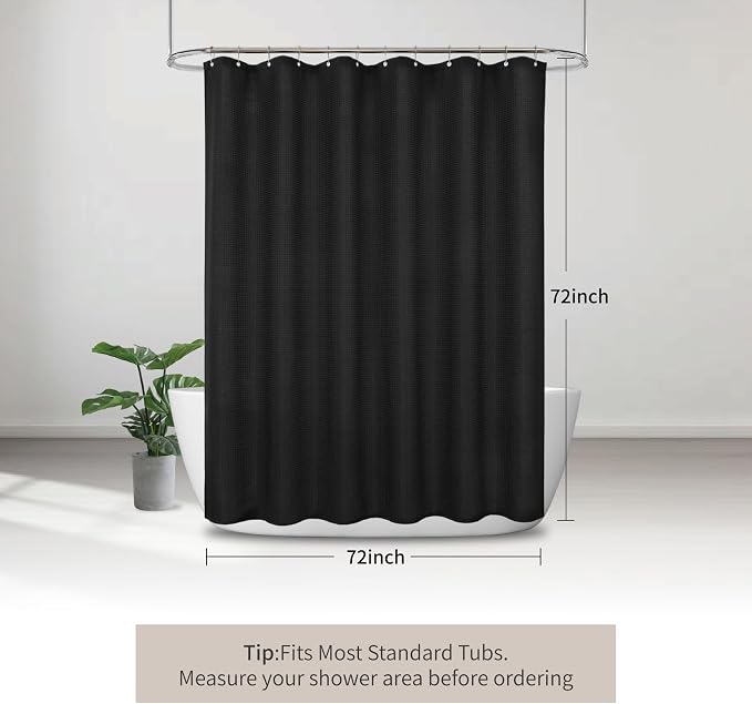 256GSM Heavy Duty Waffle Weave Shower Curtain, Black 72"x72" | with Weighted Hem - Hotel Spa Luxury Water-Repellent Polyester Bathroom Curtain for Home, RV, Apartment, Dorm