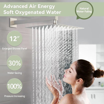 Shower System with Body Jets, Bostingner Four Modes Shower Faucet 12+6" Rain Shower Head with Handheld Spray 2 Ways, 4Pcs Shower Jets System in Wall Shower Faucet Sets Complete,Brushed Nickel