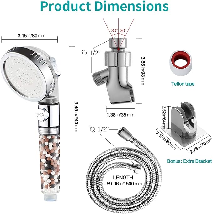 MIAOHUI Zenbody Shower Head with Filter Beads, Shut Off Button | 3 Modes Handheld Filtered Showerhead with On Off Switch, Shower Wand+Hose+Adjustable Bracket+Self-adhesive Holder