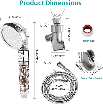MIAOHUI Zenbody Shower Head with Filter Beads, Shut Off Button | 3 Modes Handheld Filtered Showerhead with On Off Switch, Shower Wand+Hose+Adjustable Bracket+Self-adhesive Holder