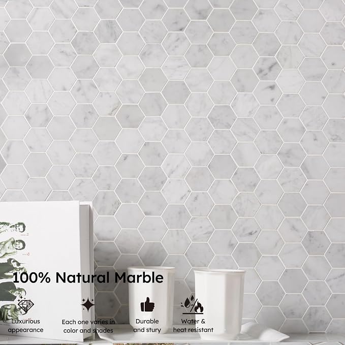 Carrara White Marble Mosaic Tile, 2 Inch Hexagon, Matte, Italian Bianco Carrera Marble Backsplash Tiles for Kitchen Bathroom Wall Floor, Pack of 5 Sheets | Natural Bianco Carrera, Marble Stone Backsplash Tiles for Kitchen, Bathroom, Shower Wall and Floor