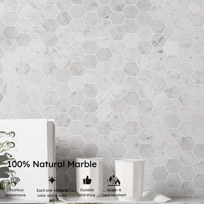 Carrara White Marble Mosaic Tile, 2 Inch Hexagon, Matte, Italian Bianco Carrera Marble Backsplash Tiles for Kitchen Bathroom Wall Floor, Pack of 5 Sheets | Natural Bianco Carrera, Marble Stone Backsplash Tiles for Kitchen, Bathroom, Shower Wall and Floor