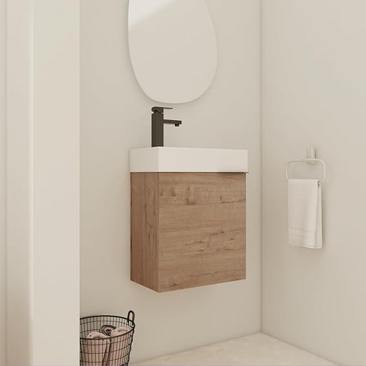 18" Small Floating Bathroom Vanity with Sink and Storage - Narrow Brown Vanity for Home