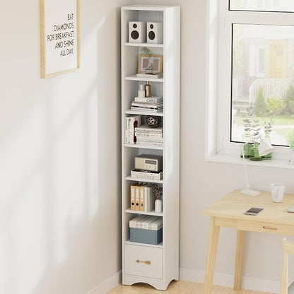 VECELO Tall Narrow Bookshelf with Drawer, 6 Adjustable Movable Shelves, Wood Space Saving Corner Storage Cabinet for Bathroom Bedroom, Pearl White