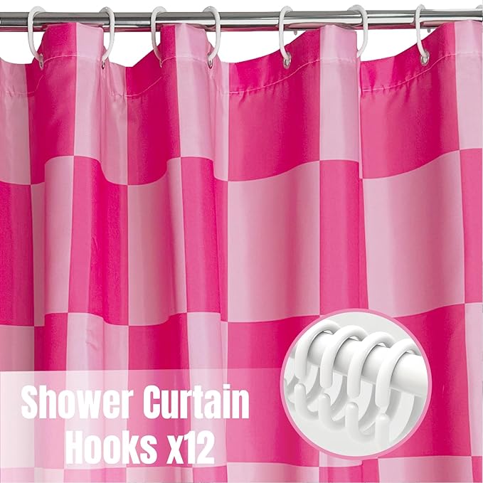Checkered Shower Curtain, Classic Minimalist Pink Checkerboard Desgin, Waterproof Polyester Fabric Shower Curtains Sets with Hooks for Bathroom 72x72 Inches