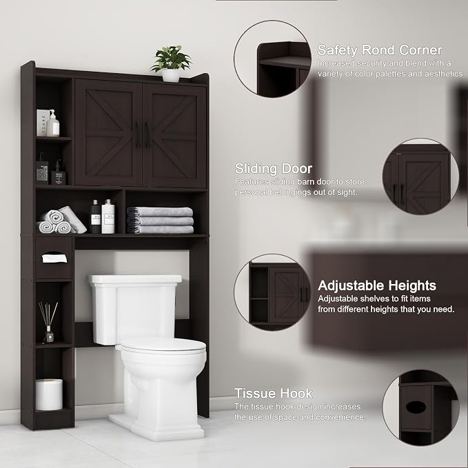 Vabches Over The Toilet Storage Cabinet with 2 Barn Doors, Caramel | Farmhouse Storage Cabinet with Toilet Paper Holder Stand，Home Space-Saving Toilet Rack, for Bathroom, Restroom, Laundry