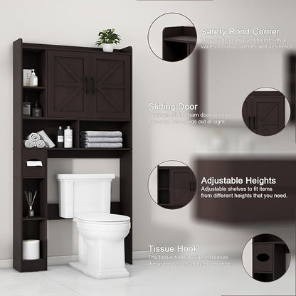 Vabches Over The Toilet Storage Cabinet with 2 Barn Doors, Caramel | Farmhouse Storage Cabinet with Toilet Paper Holder Stand，Home Space-Saving Toilet Rack, for Bathroom, Restroom, Laundry