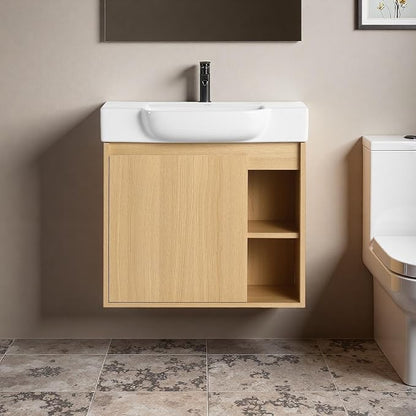 24" Bathroom Vanity with Ceramic Sink, Farmhouse Cabinet, Light Oak | Ceramic Sink, Soft-Close Door, Interior Compartment and 2-Tier Open Side Shelves, 45° Inclined Edge Handle