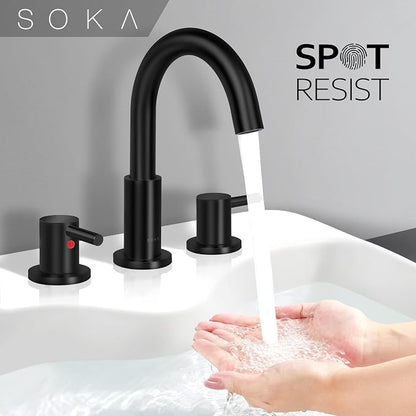 SOKA 8-16" Widespread Bathroom Faucet Matte Black Bathroom Sink Faucet 2 Handle Morden Bathroom Faucet for Sink 3 Hole Industrial Commercial Vanity Faucet with Pop Up Drain,Matte Black + G