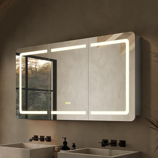 60''x32'' LED Bathroom Mirror Cabinet with Lights, Wall Mounted or Recessed Medicine Cabinet, Dimmable Front& Anti-Fog, Adjustable Shelves, Modern Aluminum Storage Cabinet (60x32 in | 3 Doors)