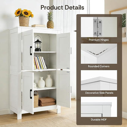 VUSIGN Bathroom Floor Cabinet, Farmhouse Storage Cabinet with 4 Doors, Adjustable Shelves, Modern Freestanding Storage Unit, Versatile Cupboard for Kitchen Living Room, Dining Room, Entryway, White