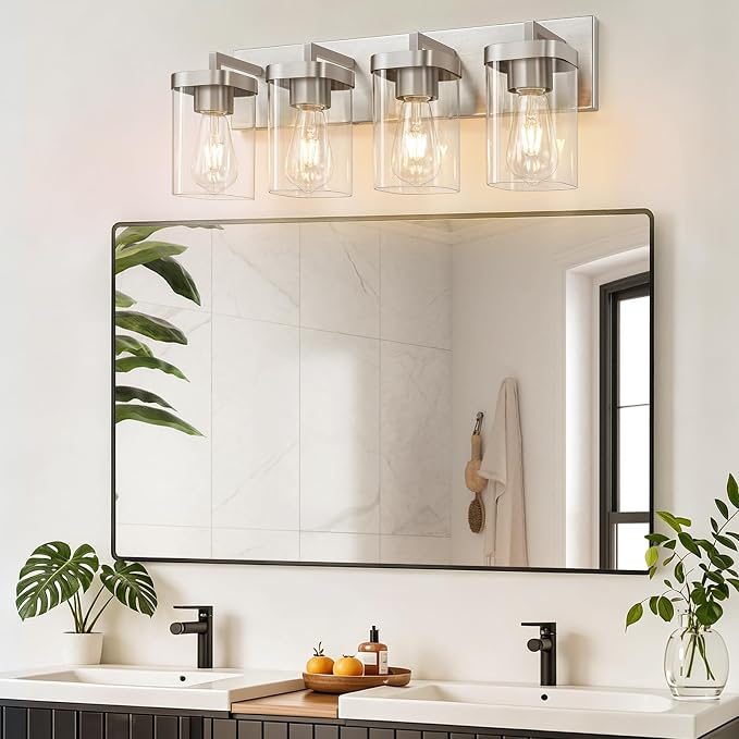4-Light Bathroom Lighting Fixtures over Mirror, Brushed Nickel Vanity Lights with Square Transparent Glass Shade. Modern Bathroom Vanity Light for Mirror Kitchen, Living Room, Gallery, Hallway