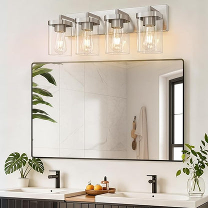 4-Light Bathroom Lighting Fixtures over Mirror, Brushed Nickel Vanity Lights with Square Transparent Glass Shade. Modern Bathroom Vanity Light for Mirror Kitchen, Living Room, Gallery, Hallway