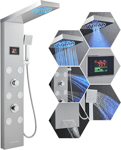 Stainless Steel Shower Panel Tower System with LED lights(No battery need), Hydroelectric LED Rainfall Shower Tower System with 6 Pcs Body Jets, Brushed Nickel