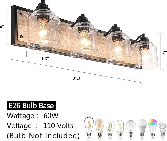 Vanity Lights for Bathroom Large 31.5", Farmhouse Rustic Vanity Light with Bubble Glass Shades, Gray 4 Light Bathroom Lighting Fixtures Over Mirror, Bath Wall Sconce Home Decor