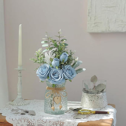 14.5"Faux Flowers with Vase,Artificial Silk Roses in Vase(Dusty Blue) | Realistic Fake Plant Faux Eucalyptus,Flower Arrangement for Home Office Farmhouse Bathroom Dining Table Centerpiece Decor