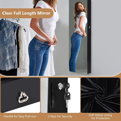 Byroce 47.5''H Jewelry Armoire, Over the Door/Wall Mounted, Full Length Mirror with Jewelry Storage, 2-LED Lockable Jewelry Cabinet with 2 Drawers, Hanging Jewelry Organizer for Bedroom (Black)