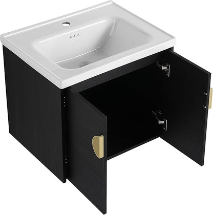 24" Floating Bathroom Vanity with Sink Combo,24 Inch Bathroom Vanity,Single Sink Wall Mounted Vanity Combo,Modern Wall Mounted Cabinet Set with Ceramic Sink,Black