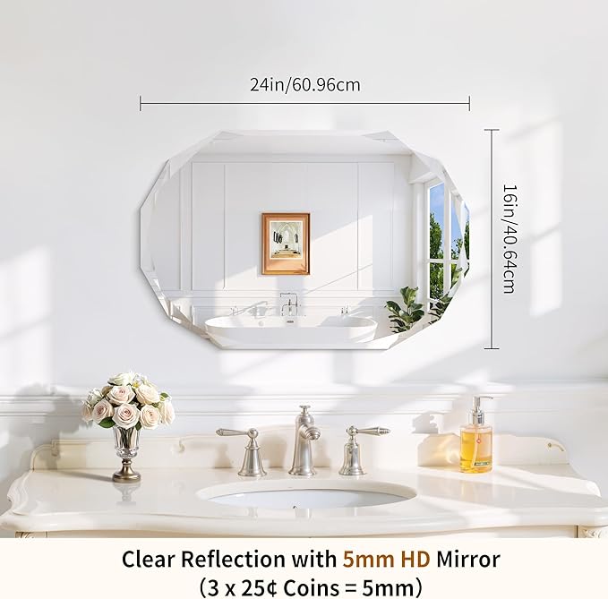 GLASHOM Frameless Bathroom Mirror, 16" x 24" Beveled Oval Wall Mirror for Over Sink, 16 Inch Modern Decorative Vanity Mirror for Bedroom, Living Room, Entryway, Hanging Mirror Horizontal or Vertical