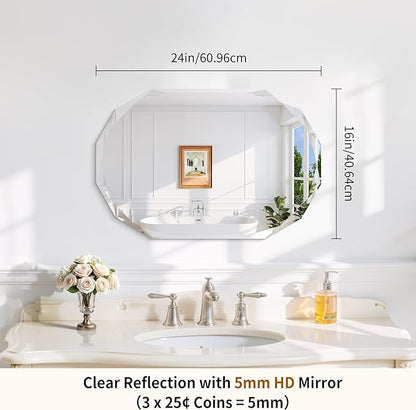 GLASHOM Frameless Bathroom Mirror, 16" x 24" Beveled Oval Wall Mirror for Over Sink, 16 Inch Modern Decorative Vanity Mirror for Bedroom, Living Room, Entryway, Hanging Mirror Horizontal or Vertical