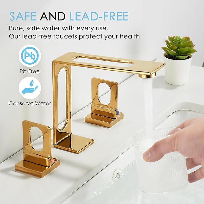 BAKALA Gold Bathroom Sink Faucet 3 Hole, 8-Inch Widespread Bathroom Faucet with 2 Water Supply Hoses, Hollowed Design
