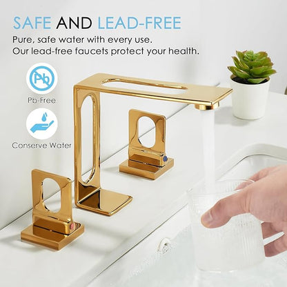 BAKALA Gold Bathroom Sink Faucet 3 Hole, 8-Inch Widespread Bathroom Faucet with 2 Water Supply Hoses, Hollowed Design