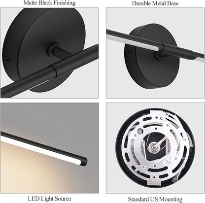 Black Wall Sconce for Bathroom 28In Hardwired Vanity Light Fixture 3000K Indoor Bathroom Sconce Over Mirror 360° Rotate for Living Room
