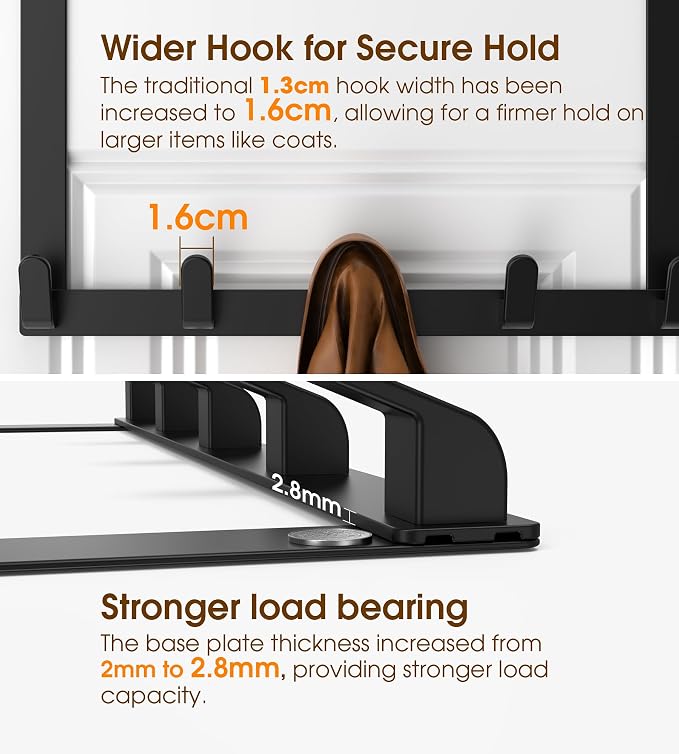 Long Over The Door Hooks with 15.75-inch Arms for Easier Access By Women, Heavy Duty Door Hanger for Winter Coat, L16U, Fits Standard 1 3/8'' Doors, Towel Racks Organization, Black