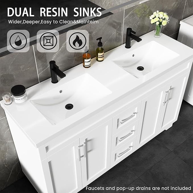 60 Inch Bathroom Vanity with Sink,Modern Solid Wood Bathroom Storage Vanity w/Undermount Double Sink, Quick Assemble Cabinet w/Soft Closing Doors & Full Extension Drawers,White