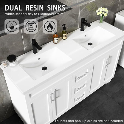 60 Inch Bathroom Vanity with Sink,Modern Solid Wood Bathroom Storage Vanity w/Undermount Double Sink, Quick Assemble Cabinet w/Soft Closing Doors & Full Extension Drawers,White