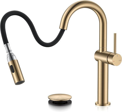 Champagne Bronze Pull Down Tall Vessel Sink Faucet 1 Hole 1 Handle | Vessel Bowl Faucet with Pop Up Drain & Supply Lines, Lead-Free cUPC & NSF Certified, 1 Hole Faucet for Vanity RV Restroom