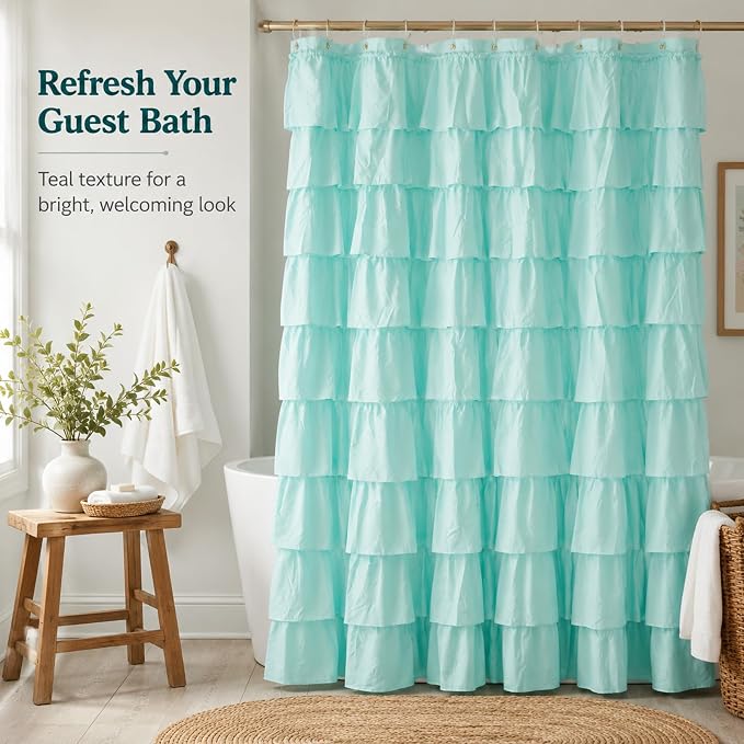 Teal Ruffle Shower Curtain, Elegant Boho Bathroom Decor, Extra Long Textured Fabric, Rustic Farmhouse Style, Chic Girly Aqua Curtains, Privacy & Decorative Design, 72 x 72 inch