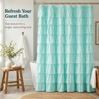 Teal Ruffle Shower Curtain, Elegant Boho Bathroom Decor, Extra Long Textured Fabric, Rustic Farmhouse Style, Chic Girly Aqua Curtains, Privacy & Decorative Design, 72 x 72 inch