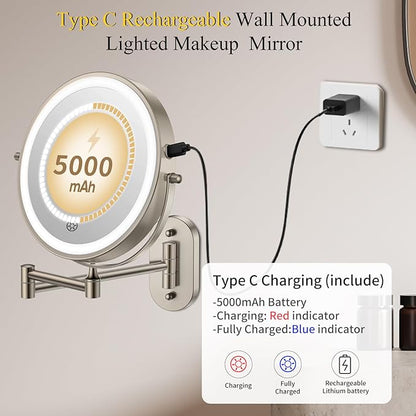 FUNTOUCH 3X/20X Wall Mounted Lighted Makeup Mirror,5000mAh Rechargeable Double Sided Magnifying Bathroom Mirror with Lights,3 Color Lighting,Touch Dimmable,Extended Arm 360 Rotation Light up Mirrors