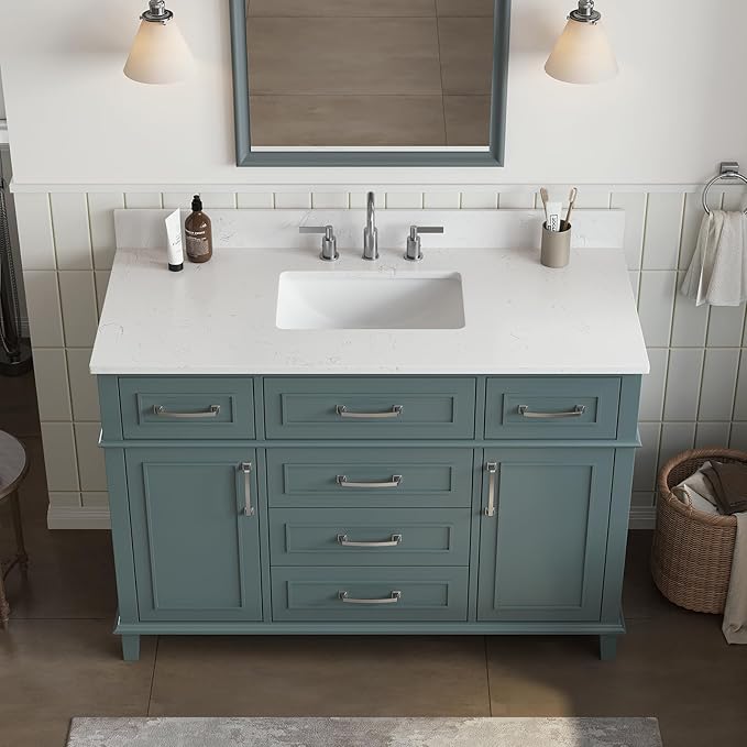 48 Inch Bathroom Vanity with Sink, Modern Bathroom Vanity with Engineered Stone Countertop, Solid Wood Frame Bathroom Storage Cabinet with Soft Closing Door & Dovetail Drawer, Green