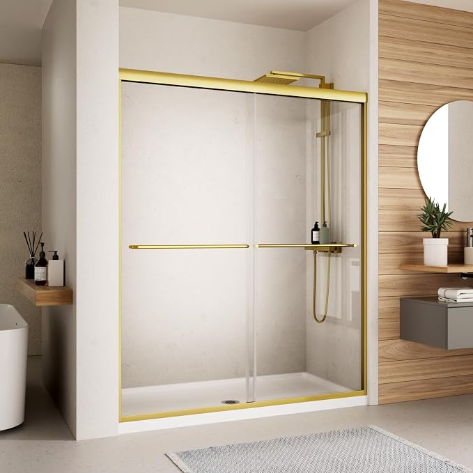 Royal Guard Double Sliding Shower Door,56-60" W x 70" H，Brush Gold | Shower Doors with 6mm Clear SGCC Tempered Glass,Bypass Shower Enclosure,Nano Coating Easy Clean&Waterproof&Adjustable Width