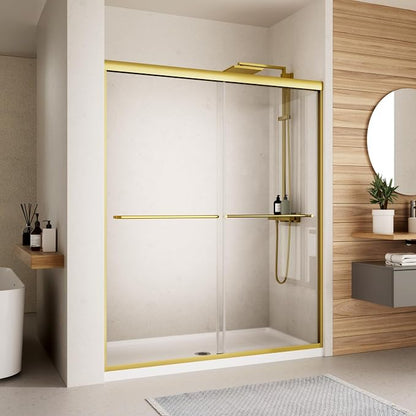 Royal Guard Double Sliding Shower Door,56-60" W x 70" H，Brush Gold | Shower Doors with 6mm Clear SGCC Tempered Glass,Bypass Shower Enclosure,Nano Coating Easy Clean&Waterproof&Adjustable Width