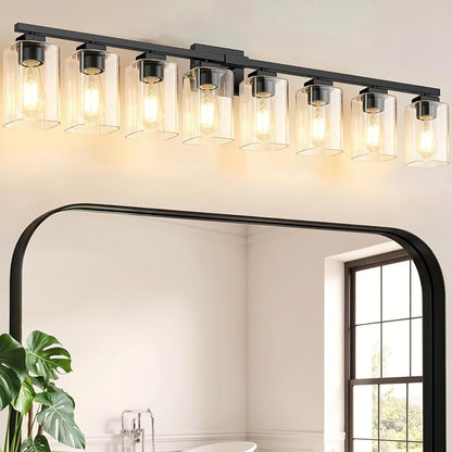51” Bathroom Light Fixtures Over Mirror,8-Light Black Vanity Light | Large Size, Square Clear Glass & Durable Metal, Quick & Easy Installation, Standard E26 Socket, Bright Bathroom Lighting