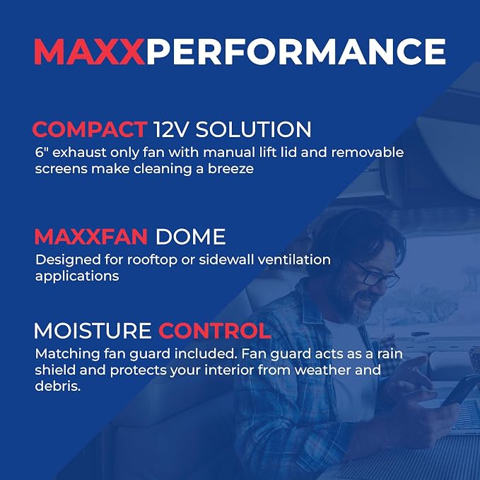 MAXXAIR Maxxfan Dome Plus with LED Light, 6"" Round 12V Ventilation Fan - Compact Solution for Rooftop or Sidewall Ventilation, Exhaust Only, Fan Guard Rain Shield, Moisture Control, Black (00-03810B)
