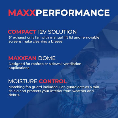 MAXXAIR Maxxfan Dome Plus with LED Light, 6"" Round 12V Ventilation Fan - Compact Solution for Rooftop or Sidewall Ventilation, Exhaust Only, Fan Guard Rain Shield, Moisture Control, Black (00-03810B)