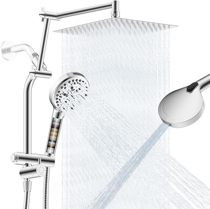 12” Metal Rain Shower Head with Handheld, 10-Mode with Filter, Easy Reach | Chrome, High-Pressure Rainfall Showerhead, Upgraded 4-Way Diverter Pause Mode, Adjustable 16" Extension Arm/71" Hose/Holder